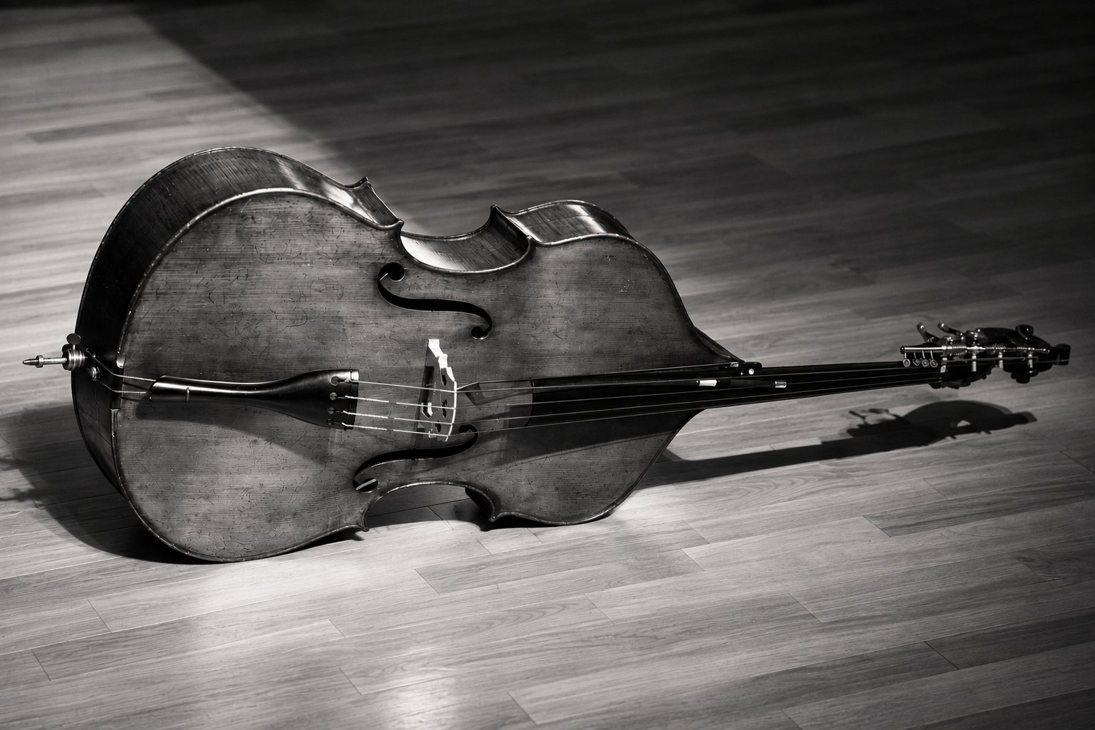 A double bass lying on a wooden floor in low, raking light